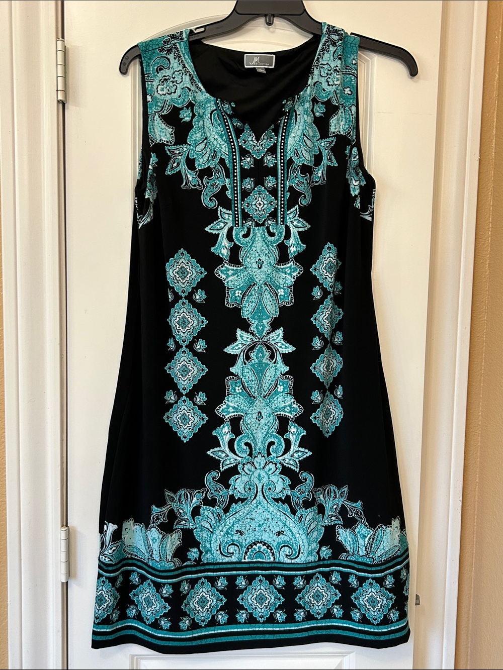 JM Collection Black Dress with Turquoise Baroque Print